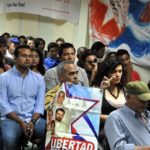Participantes de la XX Brigada Latinoamericana y Caribeña de Solidaridad con Cuba, durante un encuentro de los familiares de los Cinco Héroes, en el campamento internacional Julio Antonio Mella, en Caimito, provincia de Artemisa. Foto: Marcelino Vázquez