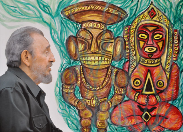 Thelvia Marín y Alex Castro: Dioses taínos. 93 x 68 cm. Acrílico, impresión digital sobre tela.