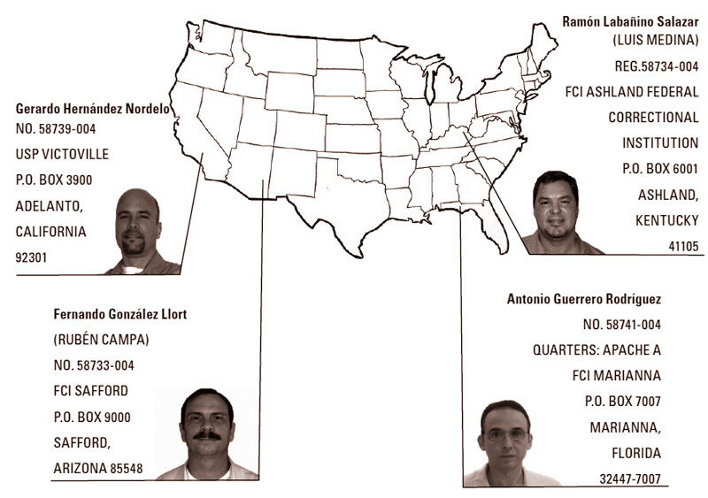 Ubicación de las prisiones donde se encuentran los Héroes cubanos.(Datos tomados de Granma Internacional).