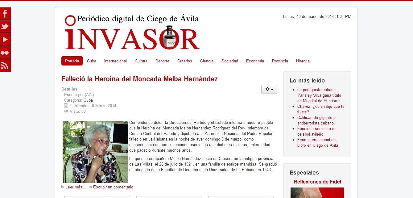 Portada de sitio digital del Periódico Invasor