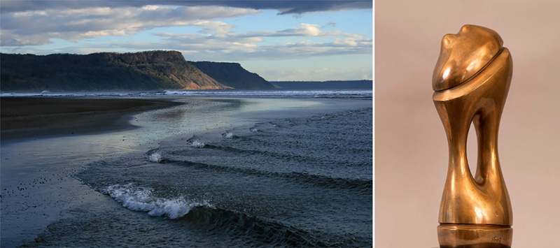 El mantra de las olas (100 x 150 cm), de Tomás Sánchez, y Figure (1975), de Agustín Cárdenas.