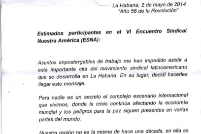 Carta de Raúl Castro a los participantes en el VI Encuentro Sindical Nuestra América