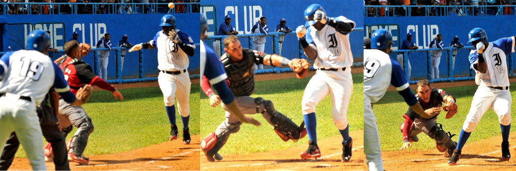 Secuencia de la jugada en home en el partido Industriales-Santiago de Cuba en el estadio Latinoamericano. Foto: josé Raúl Rodríguez Robleda.