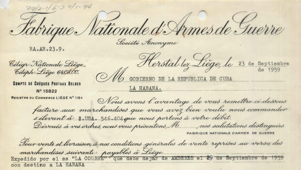 Documento probatorio de que el 29 de septiembre de 1959, el vapor francés La Coubre partió del puerto de Amberes, Bélgica, rumbo a Cuba, adonde arribó el 15  de octubre con un cargamento de armas.