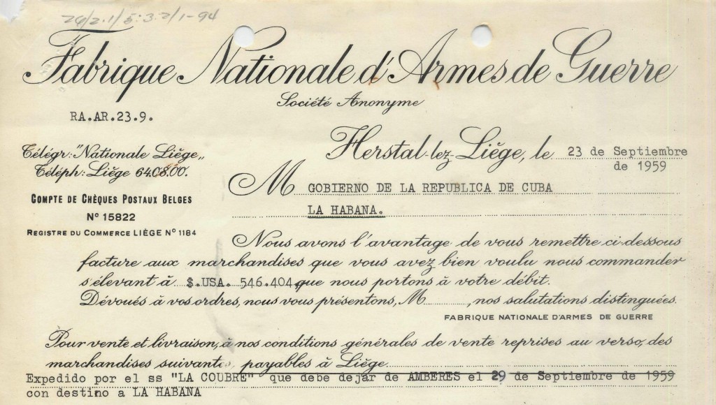 Documento probatorio de que el 29 de septiembre de 1959, el vapor francés La Coubre partió del puerto de Amberes, Bélgica, rumbo a Cuba, adonde arribó el 15 de octubre con un cargamento de armas.
