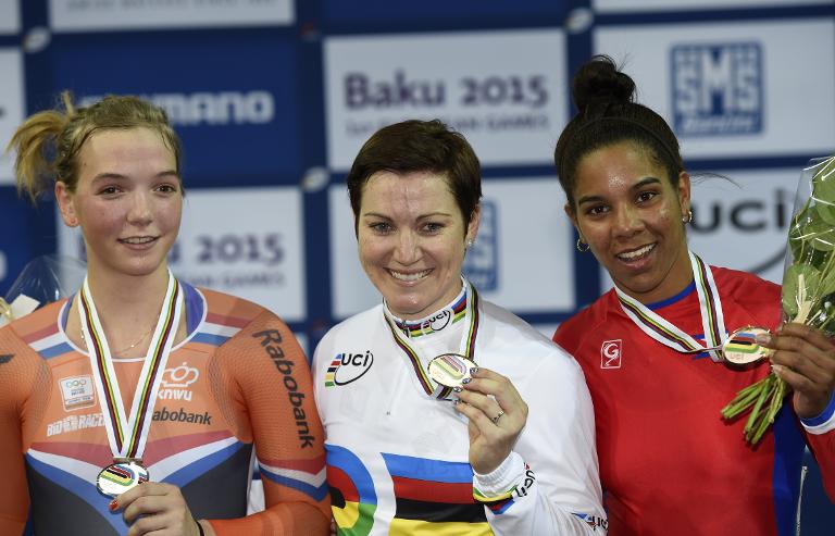 Podio del keirin Shanne Braspennincx, Anna Meares y Lisandra Guerra