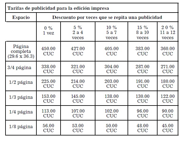 tarifas de publicidad para la edición impresa