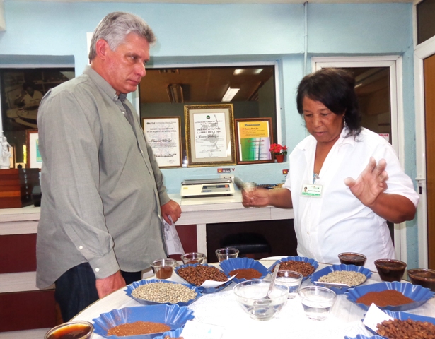Díaz-Canel junto a la catadora de café Francisca Holder Gess.