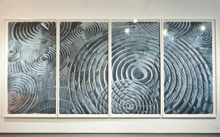 The Map (El mapa, 2014), políptico de cuatro acuarelas sobre papel, enmarcadas en paneles independientes de Alexander Arrechea.