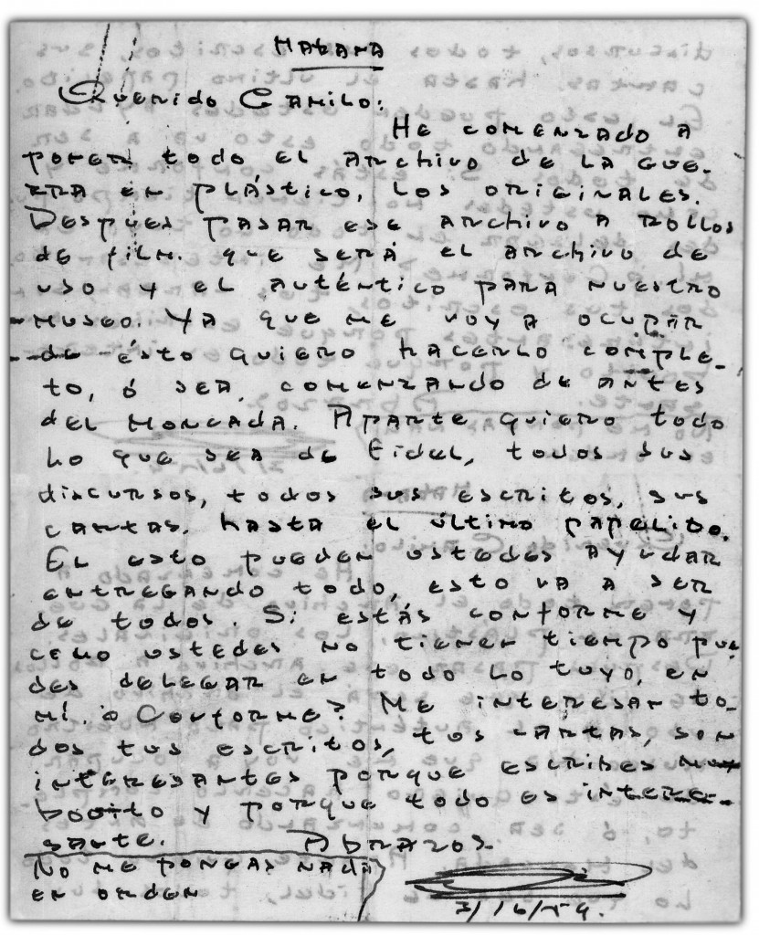 Copia facsimilar de la carta enviada por Celia a Camilo, el 16 de marzo de 1959.