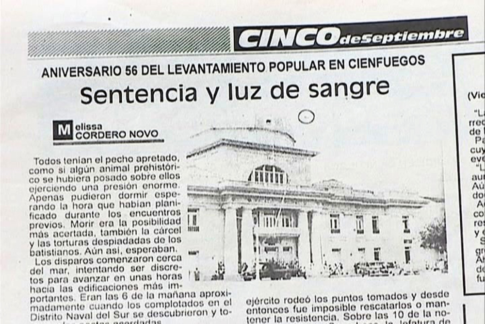 Página del Cinco de Septiembre que refleja aspectos del Levantamiento Popular Armado de esa misma fecha en el año 1957. Foto: Tomada de Perlavisión.