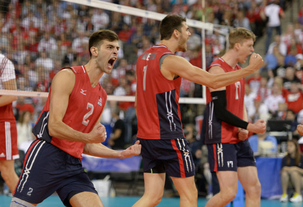Hoffman Estates, IL, USA, June 12, 2015: USA’s Aaron Russell (2) during a FIVB Men's Volleyball World League match between the United States and Poland at the Sears Centre Arena. Photographer: Daniel Bartel