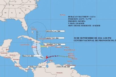 Matthew llega a categoría cinco con vientos máximos sostenidos de 260 km por hora