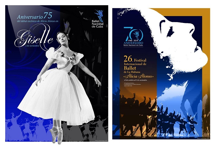 Recientemente fueron presentados los carteles de las celebraciones por el 75 aniversario del debut de Alicia Alonso en Giselle y del Festival Internacional de Ballet. Los diseños son de Meylín Sisniega