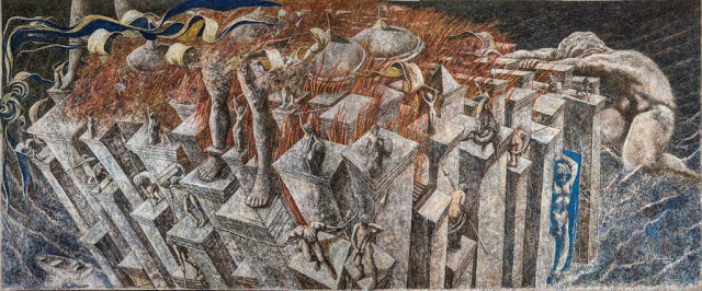 Olympus VI, técnica mixta sobre lienzo, 156 x 434 cm