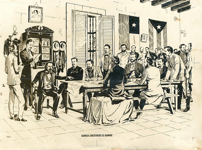 Grabado que refleja la Constitución de Guáimaro (1869), Primera de la República en Armas.