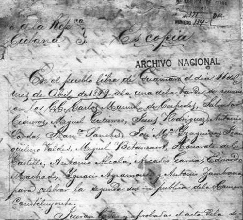 Foto: Copia del acta original. Cámara Constituyente. Guáimaro, 11 de abril de 1869. Fuente: Archivo Nacional