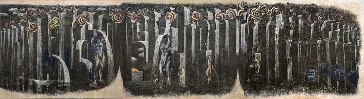 Olympus V, 2017, técnica mixta sobre lienzo, 154 x 553 cm