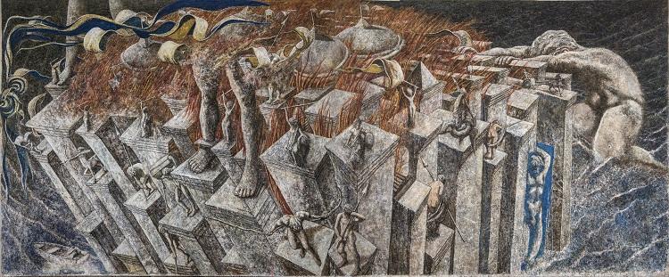 Olympus VI, técnica mixta sobre lienzo, 156 x 434 cm