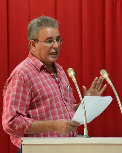 Gustavo Rodríguez Rollero, Ministro de Agricultura, interviene en la Plenaria Nacional de Ganadería, celebrada en la Escuela Provincial del Partido Cándido González Morales, en Camagüey, el 12 de octubre de 2018. ACN FOTO/ Rodolfo BLANCO CUÉ/sdl