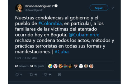Canciller de Cuba condena atentado en Colombia