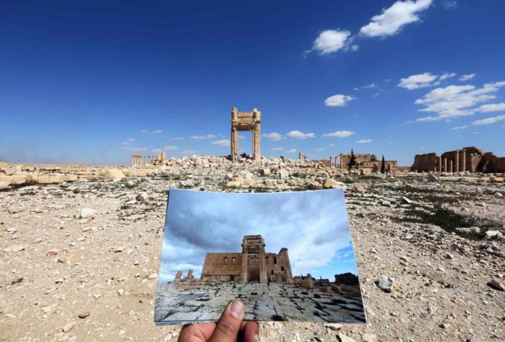Vista general del Templo de Bel tomada el 31 de marzo de 2016 con una imagen del 14 de marzo de 2014. Foto: Joseph Eid/ AFP