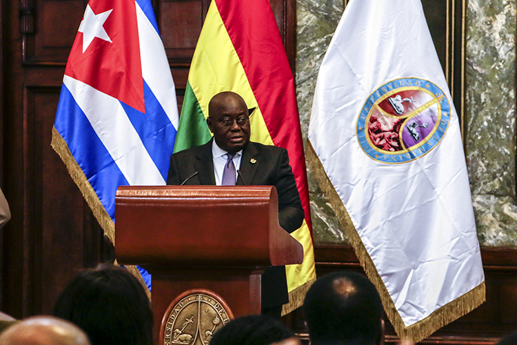 Nana Addo Dankwa Akufo-Addo, presidente de Ghana , durante su intervención en el Aula Magna de La Universidad de La Habana, el 05 de abril de 2019. Fotos/Abel PADRÓN PADILLA
