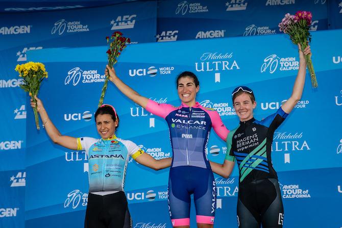 Podio de la tercera etapa del Tour de California, donde Arlenis fue segunda. Foto: sitio del evento
