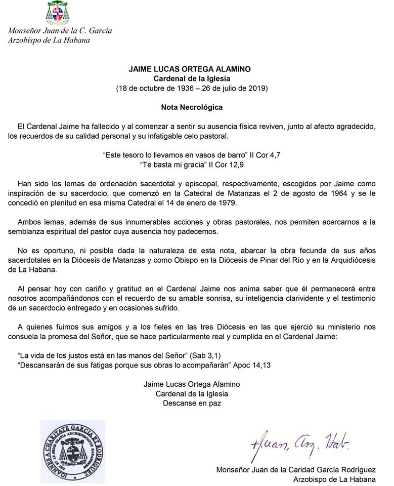 nota fallecimiento cardenal Jaime Ortega