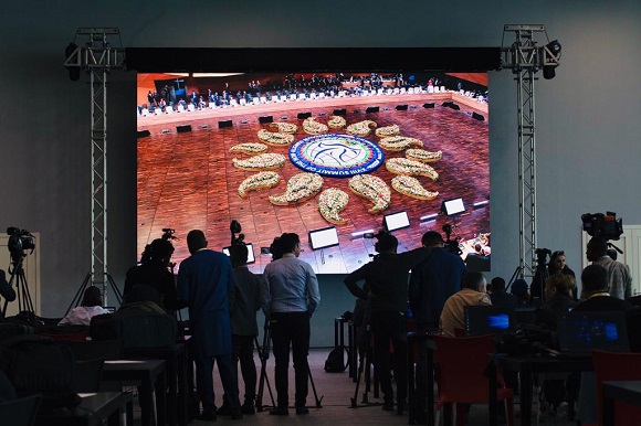 Sala de Prensa en Bakú, República de Azerbaiyán. Foto: Arleen Rodríguez Derivet