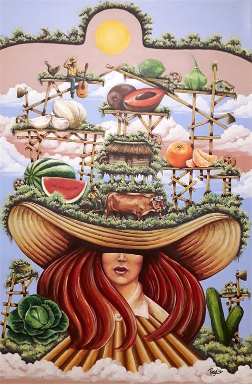 La exposición recrea la constreñida relación entre la tierra y el hombre, en una suerte de ideario pictórico en el que igualmente se rinde culto a la mujer, al medio ambiente y a la necesidad de producir y consumir productos agrícolas sanos.