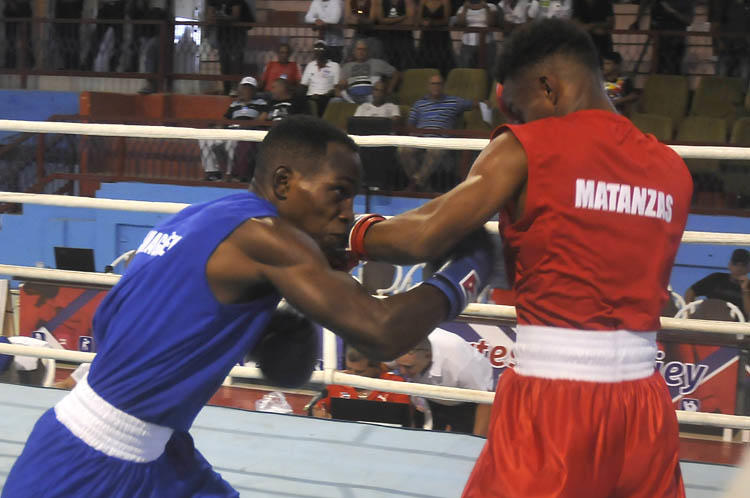 El local Damián Arce (azul) ganó su primer combate en el Playa Girón 2019. Foto: José Raúl Rodríguez Robleda