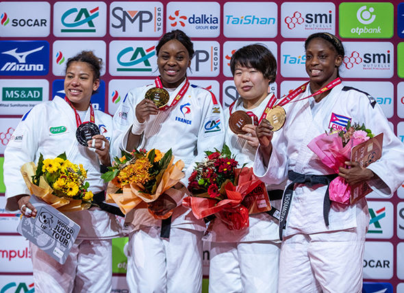 Podio de los 78 kilogramos del Grand Slam de París, donde aparece la cubana Kaliema Antomarchi. Foto: www.ijf.org