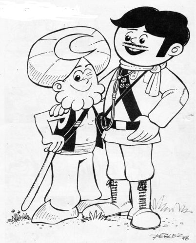 La fraternidad de aquellos años fue imperecedera. En 1998, en ocasión del homenaje que se le rendiría a Juan en el V Encuentro Iberoamericano de Historietistas, efectuado en La Habana, se nos pidió a cada cual una ilustración para la exposición que acompañaría el festejo. Esta fue la mía, donde mi personaje principal, el Mago Ahmed, acompañaba a Elpidio en la manigua redentora.