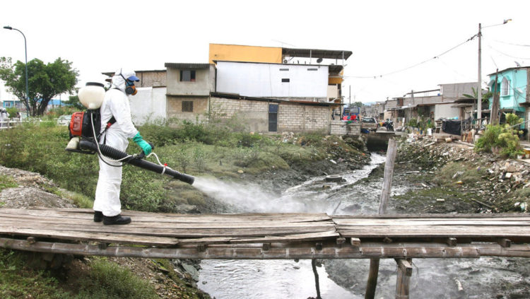 Un hombre rocía desinfectantes en un puente de madera improvisado en Guayaquil. Foto: Angel de Jesus / AP