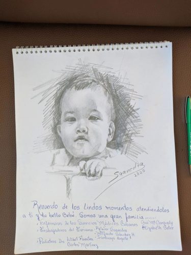 El boceto que le dedicara a Olver el trabajador del turismo, Reinier Saavedra, vinculado a las labores de apoyo en el hospital moronense