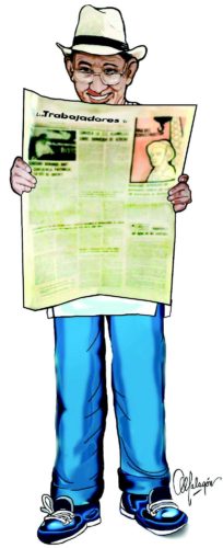 Autocaricatura de Malagón con un ejemplar del periódico de 1974, en cuya primera página se publicó una ilustración de su autoría.