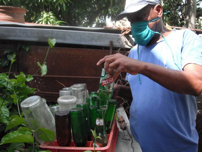 Mantener los depósitos de agua tapados y botellas y pomos boca abajo para impedir criaderos de mosquitos. Foto: Agustín Borrego