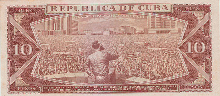 El billete de 10 pesos emitido a partir de 1961 mantuvo hasta 1989 la imagen de la Declaración de La Habana. Dibujo de los bocetos por Hernando López Martínez