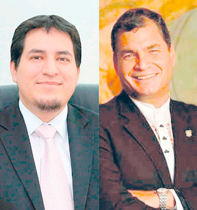 Rafael Correa y Andrés Arauz (a la izquierda), quien con apenas 35 años es licenciado en Economía y Matemáticas por la Universidad de Michigan, Máster en Economía del Desarrollo por Flacso-Ecuador y Doctor en Economía Financiera por la Universidad Nacional Autónoma de México. Durante el último mandato de Correa se desempeñó como ministro de Conocimiento y Talento Humano, y de forma paralela, como titular de Cultura.