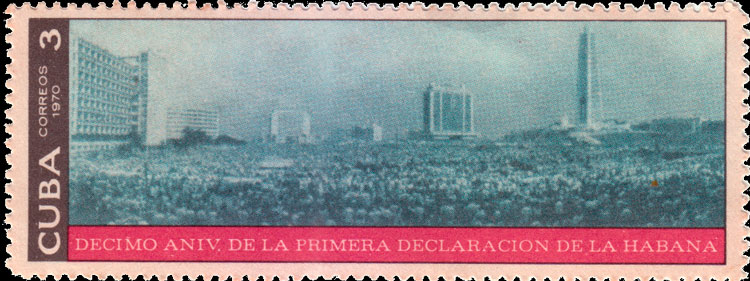 Emisión puesta en circulación el 2 de septiembre de 1970 por el décimo aniversario de la Primera Declaración de La Habana. Es el sello más largo de la historia postal cubana que muestra en foto la concentración en la Plaza de la Revolución. Diseñado por Miguel A. Peñate