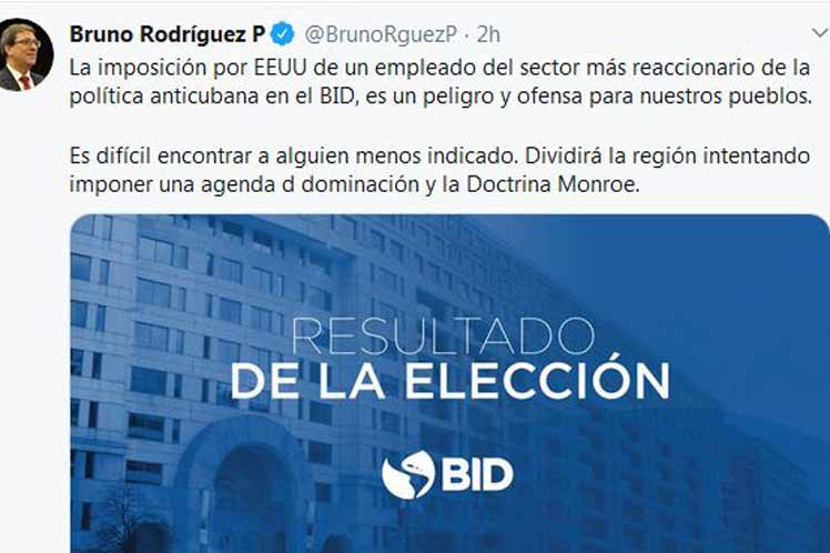 El jefe de la diplomacia cubana aseguró que la presencia del nuevo presidente del Banco Interamericano de Desarrollo (BID) “dividirá la región intentando imponer una agenda de dominación y la Doctrina Monroe (1823)”. Foto: Tomada de Prensa Latina