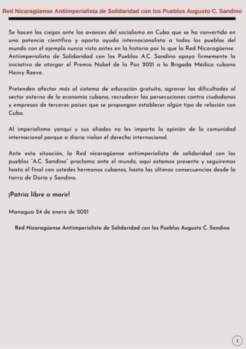 Texto del Comunicado. Foto: Tomada del perfil en Facebook del Embajador de Cuba en Nicaragua Juan Carlos Padrón.