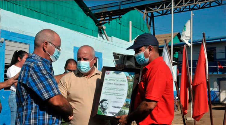 La Empresa Azucarera de Cienfuegos recibió un reconocimiento por el cumplimiento del plan de producción de azúcar correspondiente a la zafra chica. Foto: Modesto Gutiérrez/ACN