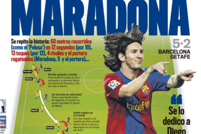 El 18 de abril de 2007 quedó marcado en la historia del fútbol como el día en que Lionel Messi se vistió de Maradona. El jugador del Barça anotó un gol al Getafe en Copa del Rey casi idéntico al de Diego contra Inglaterra en el Mundial del ’86.