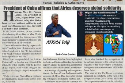 Prensa gambiana reproduce mensajes de felicitación de Cuba por Día de África