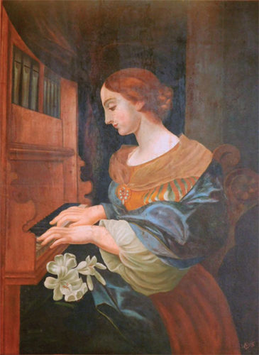 Retrato de joven o Santa Cecilia, 1919 (óleo / tela, 136 x 100 cm.), de Juan Albaijés. Colección Museo Provincial Ignacio Agramonte, de Camagüey.