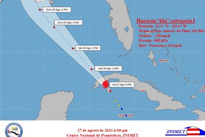 Aviso 11 (12 am): Ida salió al mar por la costa norte de la provincia de Pinar del Río