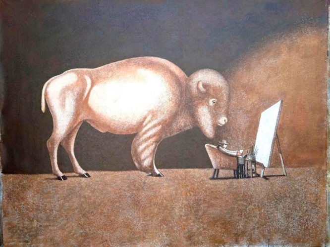Creación y vigilia, 2021, acrílico sobre lienzo, 156x200 cm. Foto: Cortesía de Agustín Bejarano Caballero