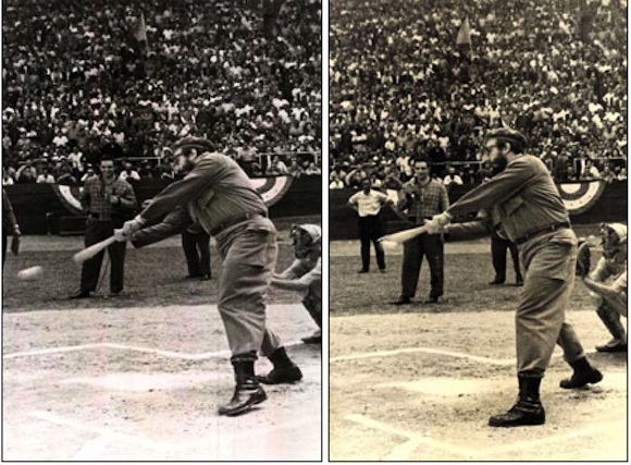 Fidel batea la primera bola en la I Serie Nacional de Béisbol. Foto: Archivo INDER